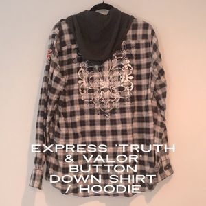 EXPRESS Truth & Valor Emblem Button Down Hoodie - Plaid Black, Grey & White.💥